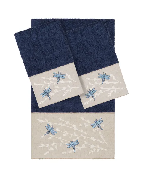 Linum Home Textiles Turkish Cotton Braelyn 3-Piece Embellished Towel Set, Navy