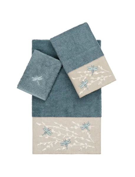 Linum Home Textiles Turkish Cotton Braelyn 3-Piece Embellished Towel Set, Teal