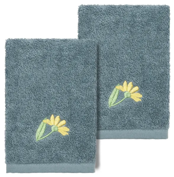 Linum Home Textiles Turkish Cotton Daisy 2-Piece Embellished Washcloth Set, Teal