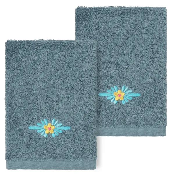 Linum Home Textiles Turkish Cotton Feliz 2-Piece Embellished Washcloth Set, Teal