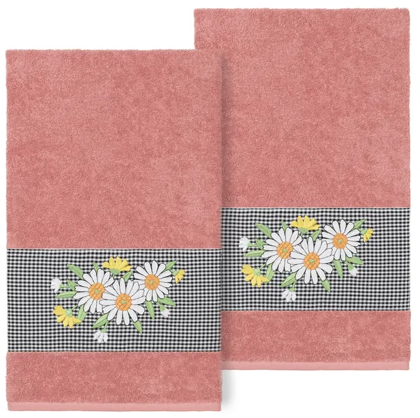 Linum Home Turkish Cotton Daisy 2-Piece Embellished Bath Towel Set, Tea Rose