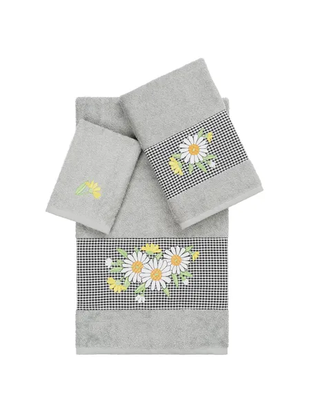 Linum Home Turkish Cotton Daisy 3-Piece Embellished Towel Set, Light Gray