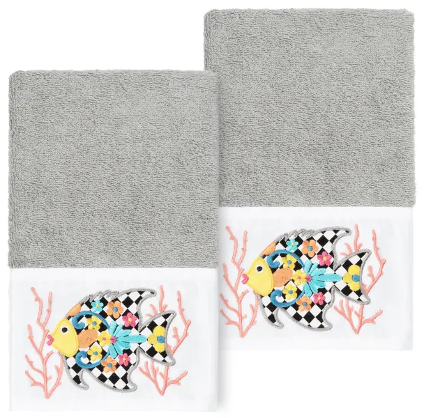 Linum Home Turkish Cotton Feliz 2-Piece Embellished Hand Towel Set, Light Gray