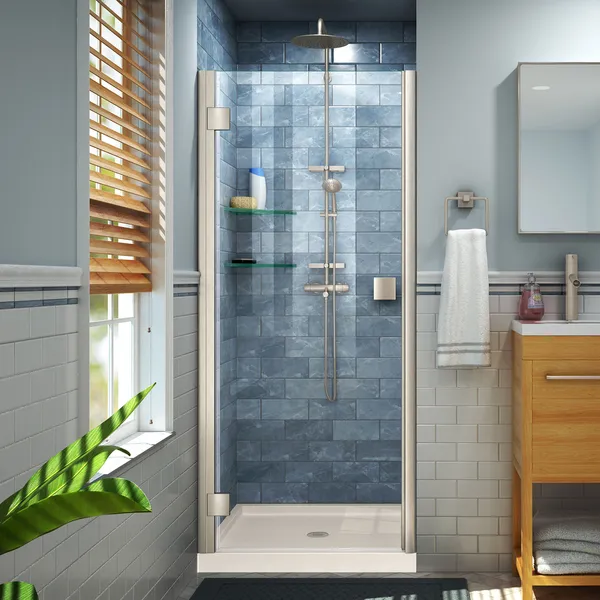 Lumen 32"x42"Hinged Shower Door, Brushed Nickel, Biscuit Acrylic Base Kit