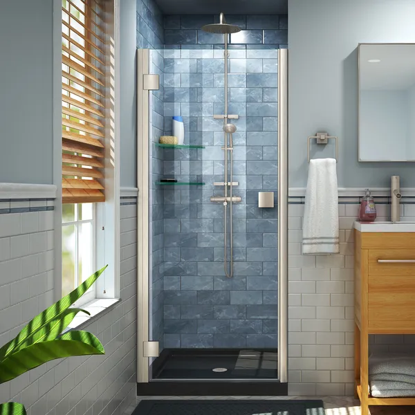 Lumen 34"x42"Hinged Shower Door, Brushed Nickel, Black Acrylic Base Kit