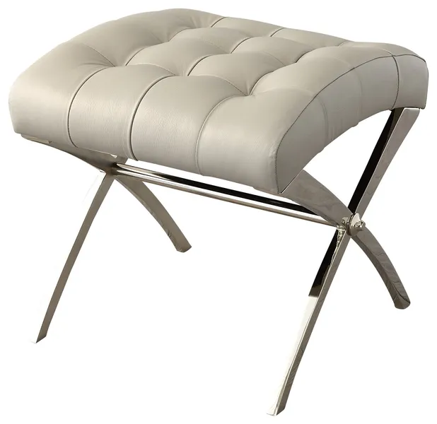 Luxe Arched Button Tufted Gray Leather Stool Silver Nickel Curved Seat