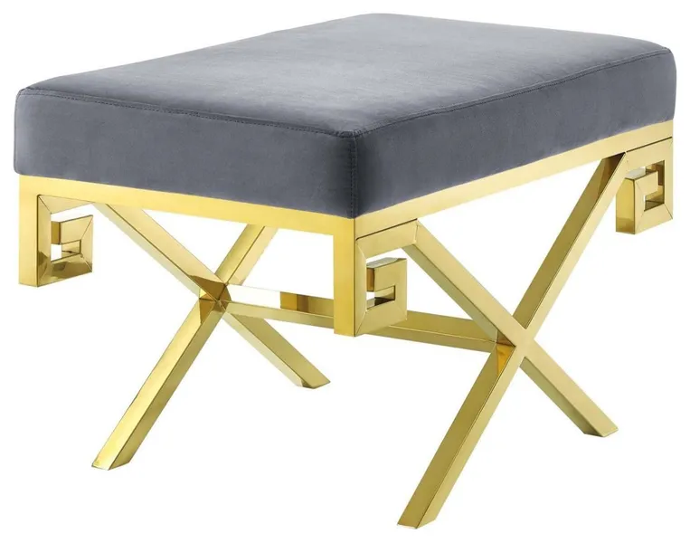 Luxurious Velvet Upholstered Bench with Gold Greek Key Art Deco Base, Grey