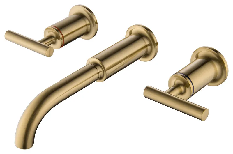 Luxury Dual Handle Wall Mounted Bathroom Faucet, Brushed Gold