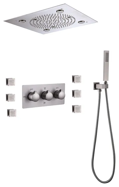 Luxury LED Rain Shower System With Rough-In Valve & 6 Body Jets, Brushed Nickel