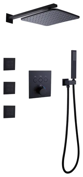 Luxury Thermostatic Complete Shower System With Rough-in Valve, Matte Black