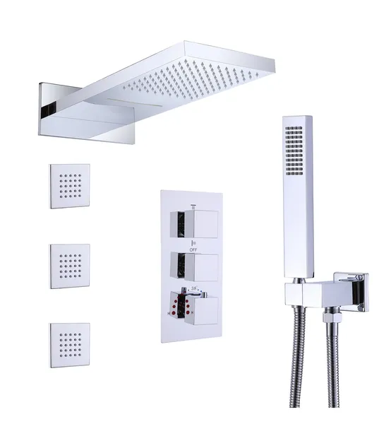 Luxury Thermostatic Shower System with Handheld Shower & Body Jets, Chrome