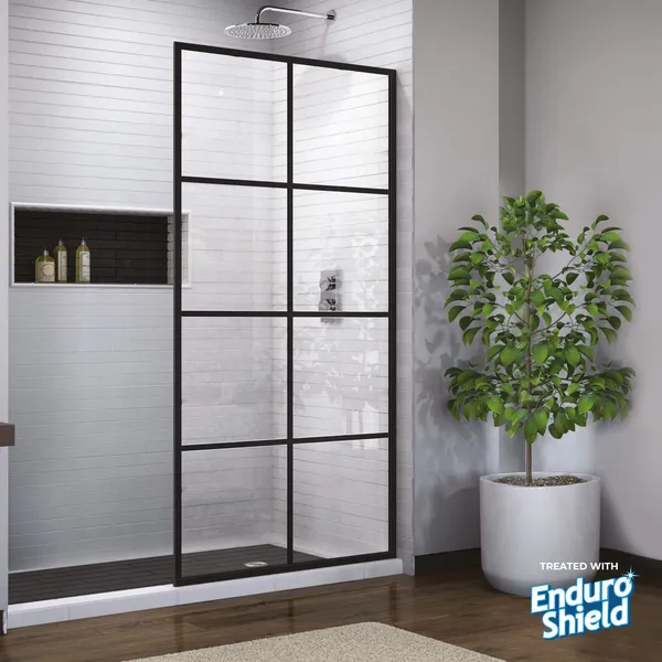 Madeira Grid Pattern Fixed Shower Screen, EnduroShield, Matte Black, 34"x72"