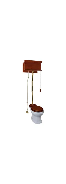 Mahogany High Tank Pull Chain Toilet with White Elongated Bowl Brass Top Entry