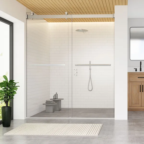 Marcelo By Pass Frameless Shower Door, Clear Glass, Brushed Nickel, 64"wx76"h