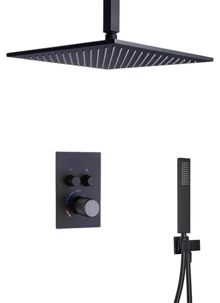 Massa Matte Black Square Shower System With Thermostatic Mixer, Handheld Shower