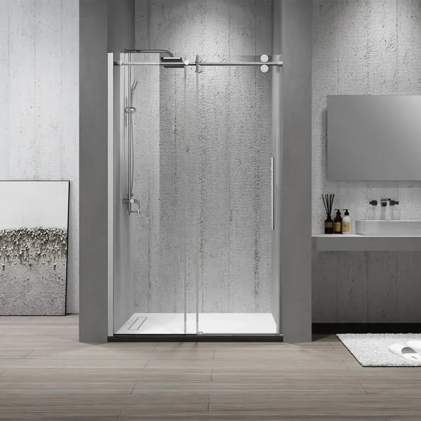 Massa Single Sliding Frameless Shower Door, Brushed Nickel, 48"x76"
