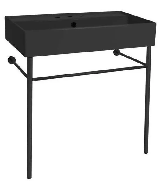 Matte Black Ceramic Console Sink and Matte Black Stand, Three Hole