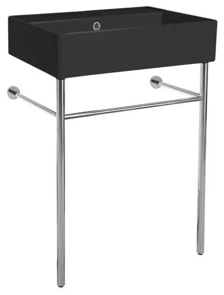 Matte Black Ceramic Console Sink and Polished Chrome Stand, No Hole
