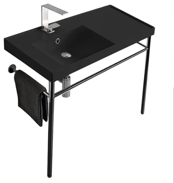Matte Black Ceramic Console Sink and Polished Chrome Stand, One Hole