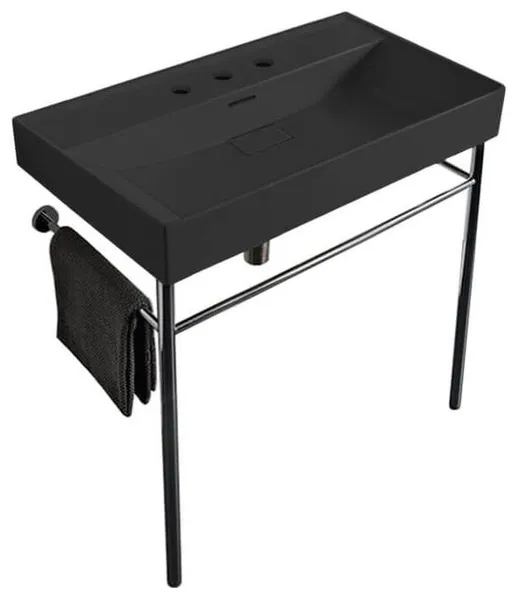 Matte Black Ceramic Console Sink and Polished Chrome Stand, Three Hole