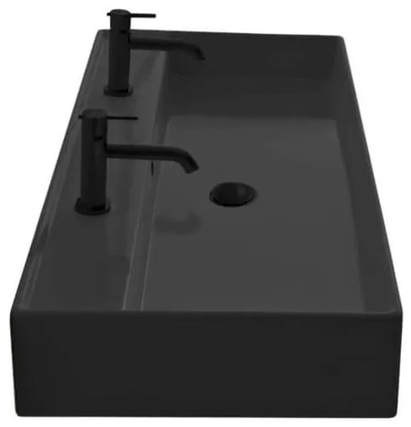 Matte Black Ceramic Trough Wall Mounted or Vessel Sink, Two Hole