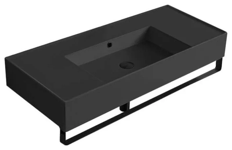 Matte Black Ceramic Wall Mounted Sink With Matte Black Towel Bar, No Hole