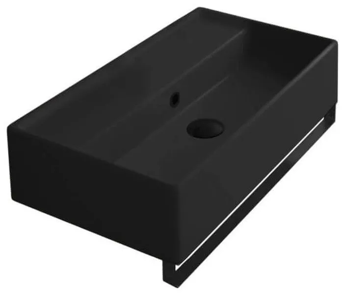 Matte Black Ceramic Wall Mounted Sink With Matte Black Towel Bar, No Hole