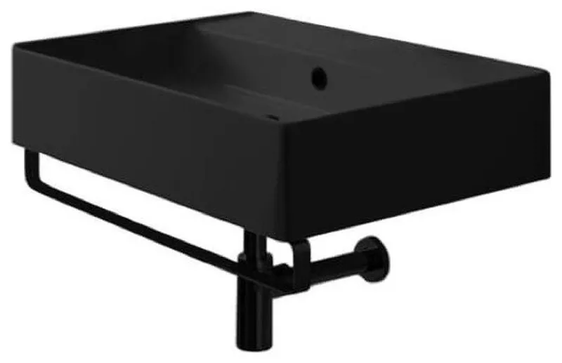 Matte Black Ceramic Wall Mounted Sink With Matte Black Towel Bar, No Hole