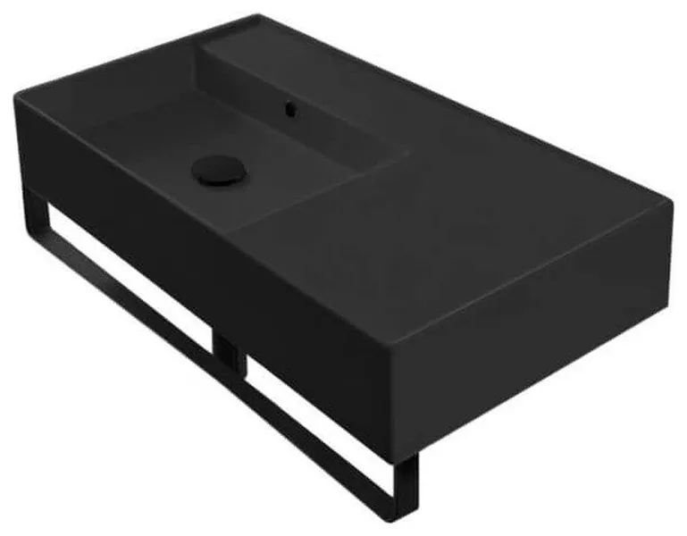 Matte Black Ceramic Wall Mounted Sink With Matte Black Towel Bar, No Hole