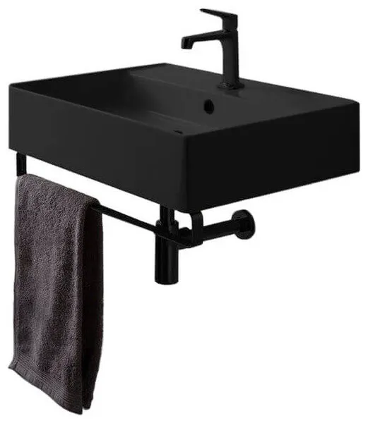 Matte Black Ceramic Wall Mounted Sink With Matte Black Towel Bar, One Hole
