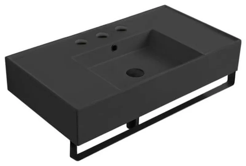 Matte Black Ceramic Wall Mounted Sink With Matte Black Towel Bar, Three Hole