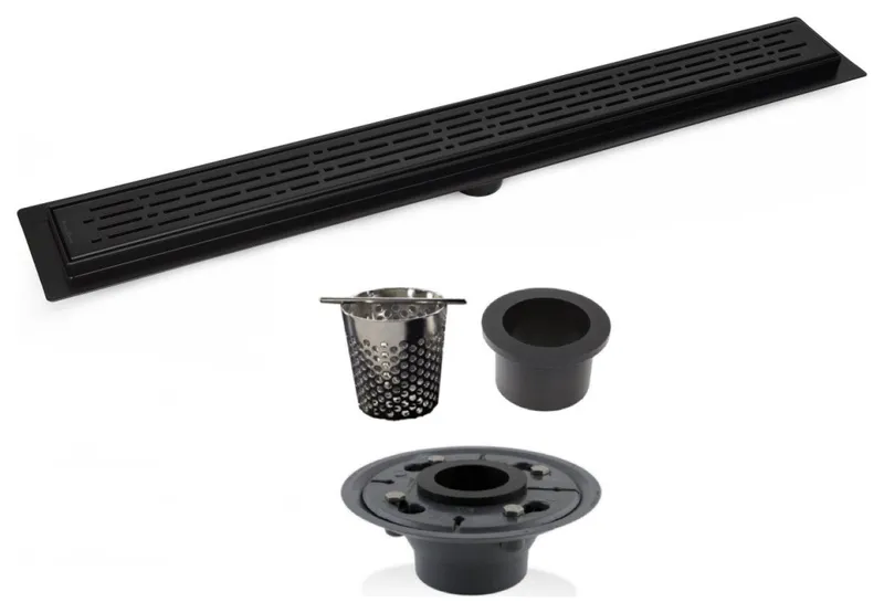 Matte Black Linear Drain, Hair Trap, ABS Drain Flange Set, By SereneDrains , 16 Inch