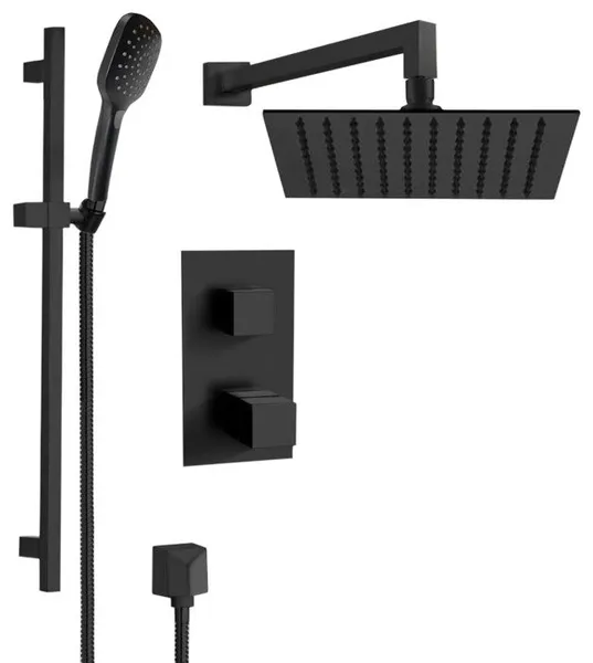 Matte Black Thermostatic Shower Set with 12" Rain Shower Head and Hand Shower