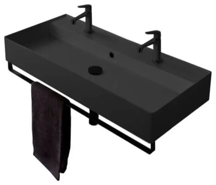 Matte Black Wall Mount Ceramic Sink With Matte Black Towel Bar, Two Hole