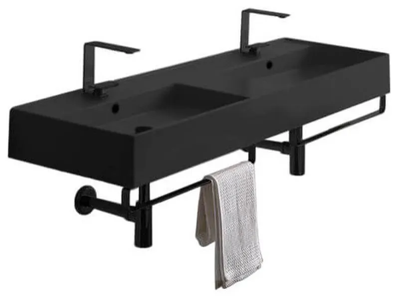 Matte Black Wall Mount Ceramic Sink With Matte Black Towel Bar, Two Hole