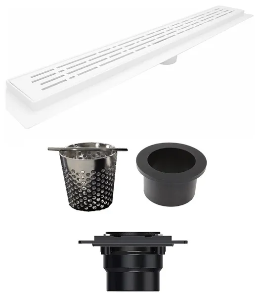 Matte White Linear Shower Drain, PVC Drain Base, Hair Trap, Rubber Fitting Set, 16 Inch