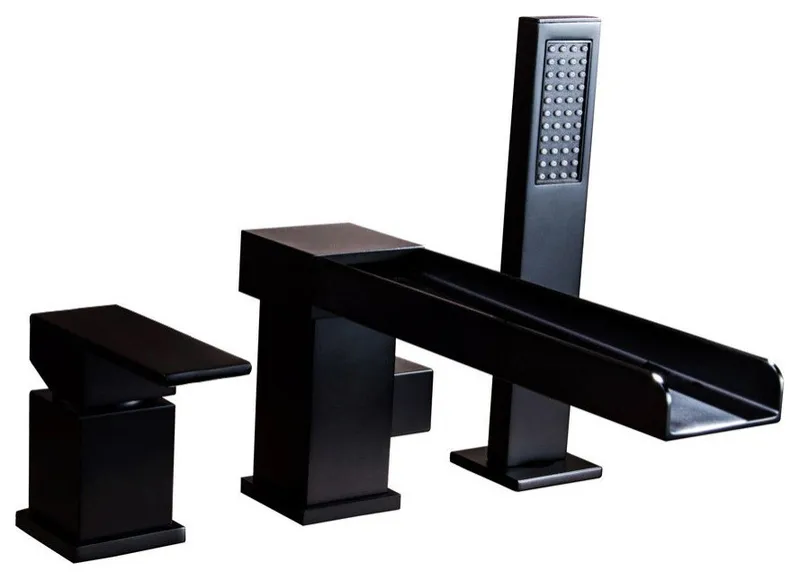 Mill Deck-Mount Waterfall Roman Bathtub Filler Faucet with Handshower, Matte Black