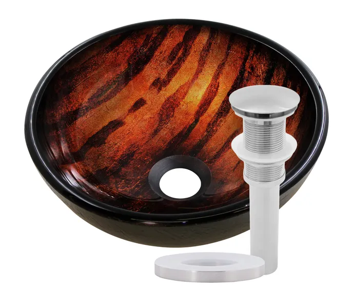 Mimetica Mini 12" Brown Camouflage Round Glass Vessel Sink with Drain, Brushed Nickel