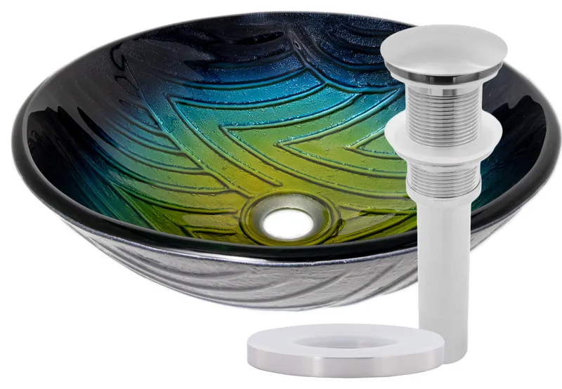 Miscela Hand Painted Ombré Navy to Yellow Glass Bathroom Vessel Sink with Drain, Brushed Nickel
