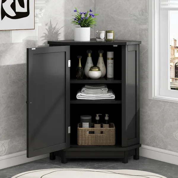 Modern Bathroom Cabinet Triangle Corner Storage Cabinet with Adjustable Shelf, Black