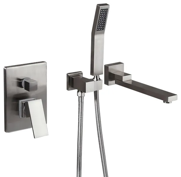 Modern Brushed Nickel Wall Mounted Swirling Tub Filler Faucet with Hand Shower