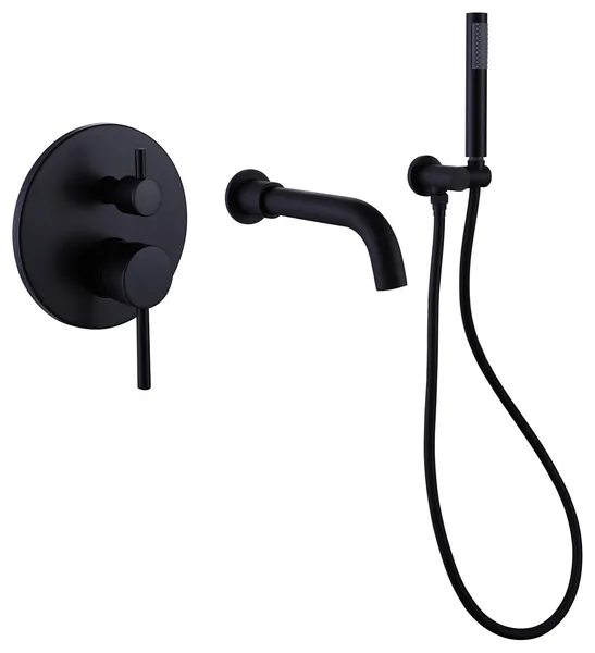 Modern Dual Handle Wall Mounted Tub Spout with Handheld Shower, Matte Black
