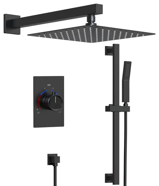 Modern Rain Shower System With Slide Bar Hand Shower, Matte Black, 10"