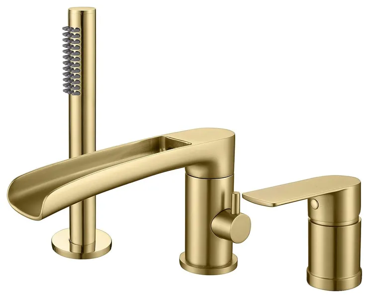 Modern Roman Tub Faucet with Waterfall Spout and Pull Out Hand Shower, Brushed Gold