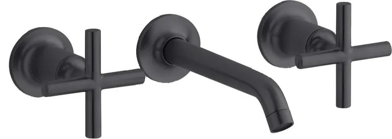 Modern Wall Mounted Faucet in Matte Black with Brass Spout and 2 Handles, Crossed Handles