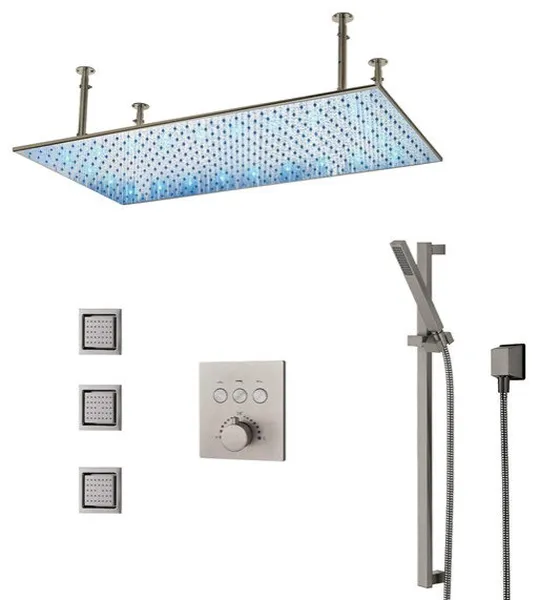 Monreale 20"x40" Brushed Nickel Rainfall Shower System and 3 Body Jets, Led