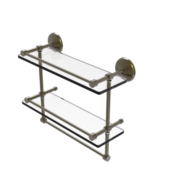 Monte Carlo 16" Gallery Double Glass Shelf with Towel Bar, Antique Brass