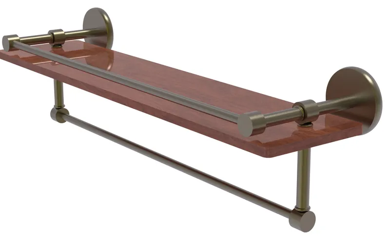 Montero 22" Wood Shelf, Gallery Rail and Towel Bar, Antique Brass