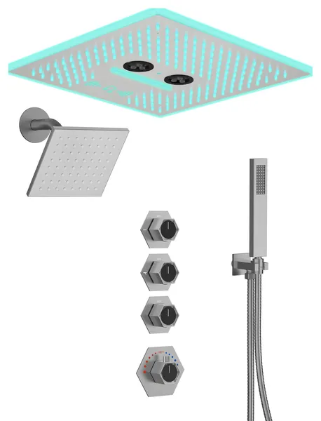 Music Shower System 16x6"Rainfall LED Shower Head With4 Way Thermostatic Faucet, Brushed Nickel