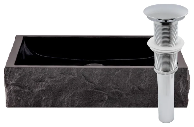 Natural Black Granite Square Vessel Sink with Chiseled Exterior and Drain, Chrome